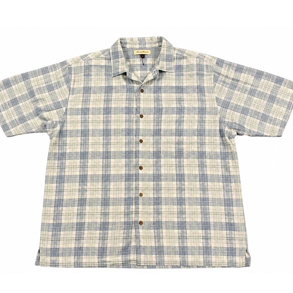 TOMMY BAHAMA shirt Mens plaid Palm Tree XL 100% Silk Short Sleeve Vintage Button